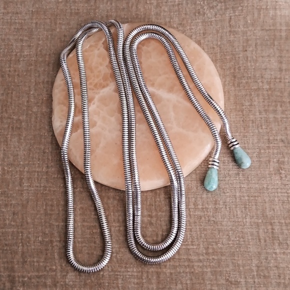 Continuous Snake Silver Tone Chain with Green Stone Ends Necklace - Picture 2 of 4